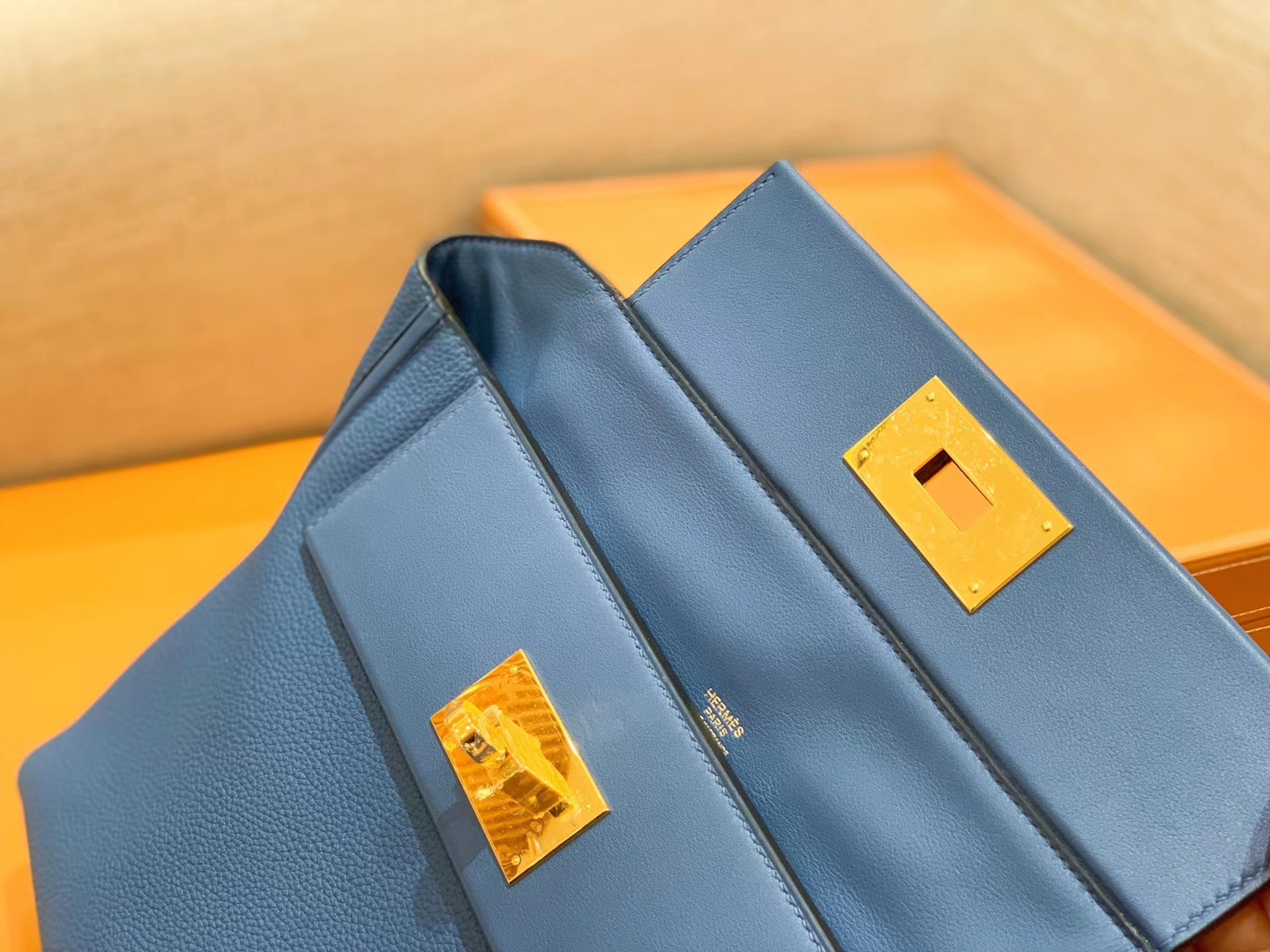 Hermès（爱马仕）Kelly-2424 明蓝色 Swift 牛皮拼togo牛皮 顶级手缝 金扣 29cm