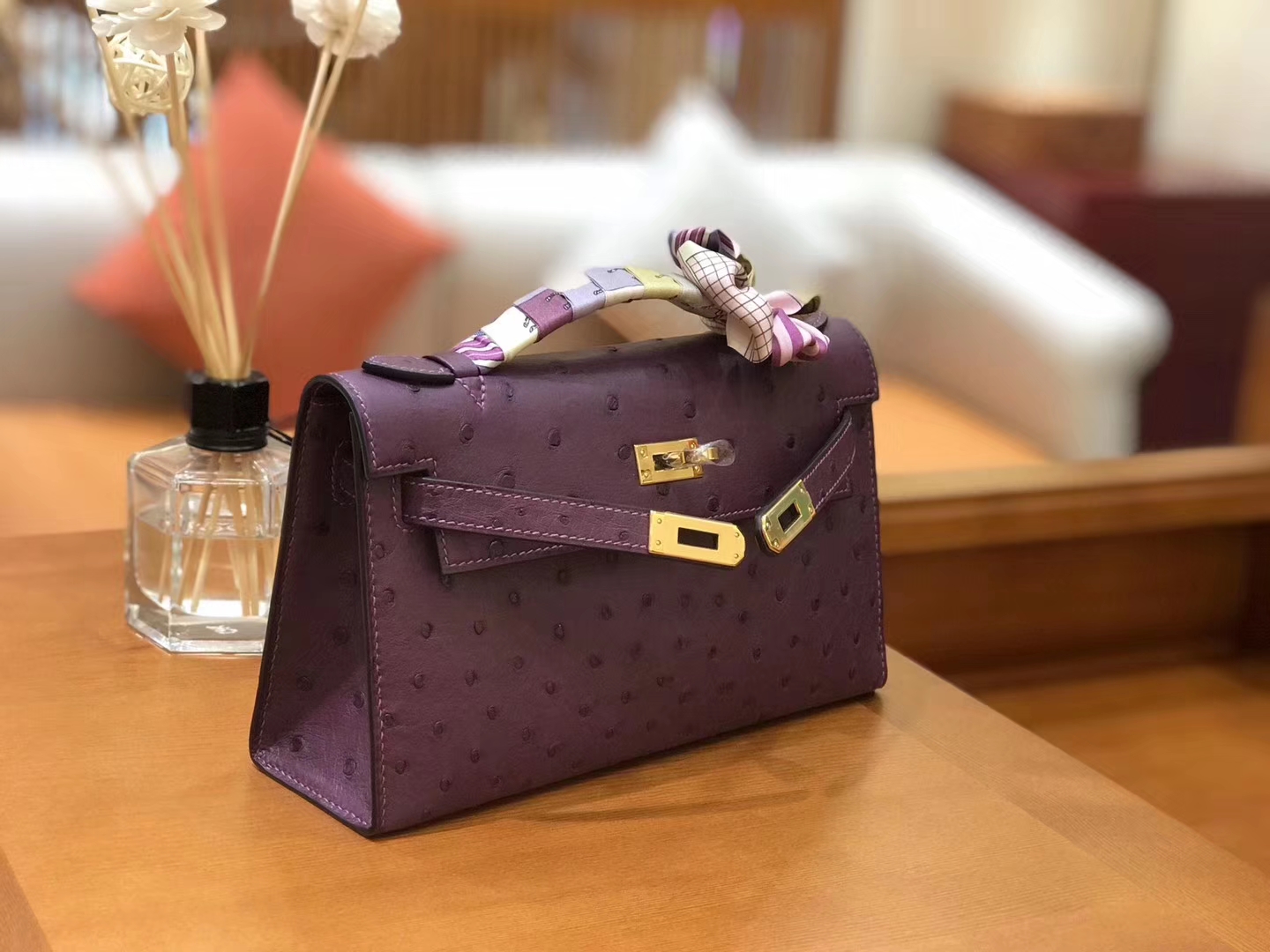 Hermès（爱马仕）miniKelly 迷你凯莉 海葵紫 南非kk级鸵鸟皮 金扣 22cm