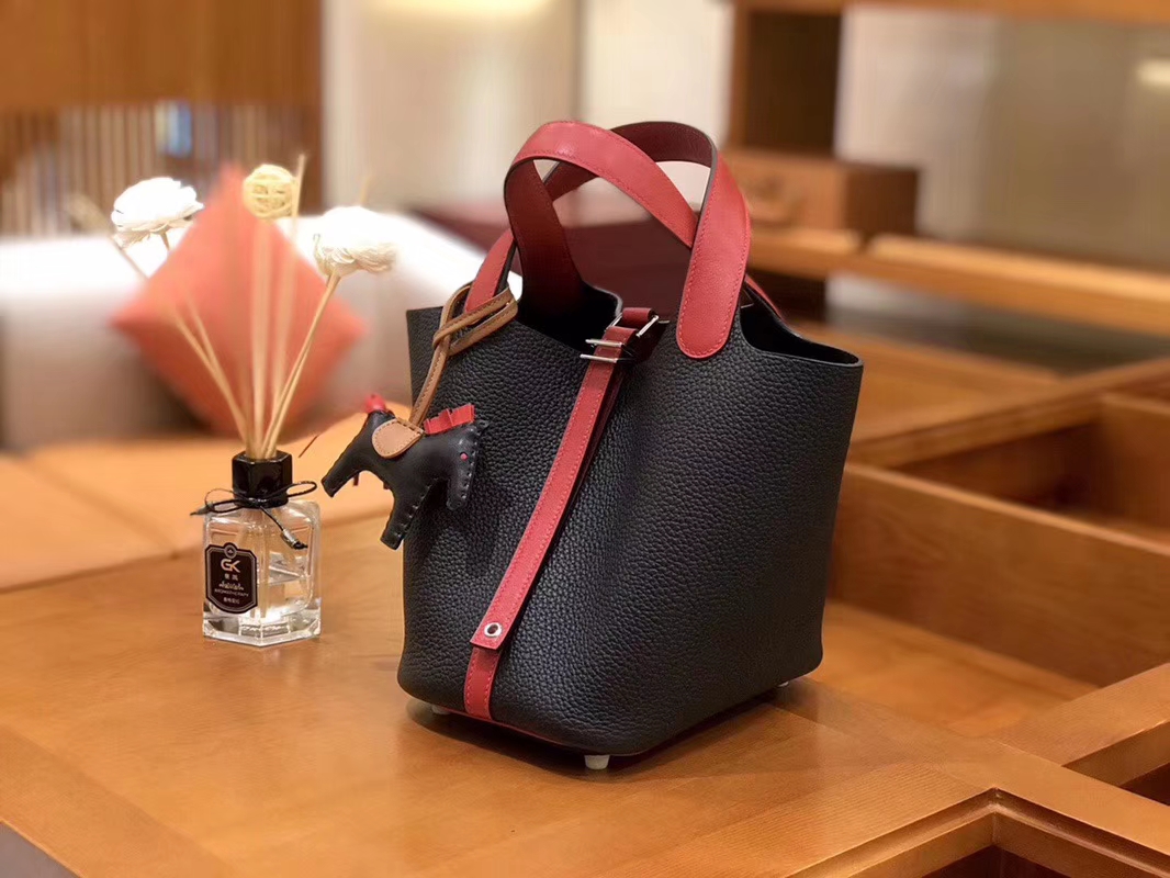 Hermès（爱马仕）Picotin 菜篮包 Swift红拼TC大牛黑 银扣 18cm