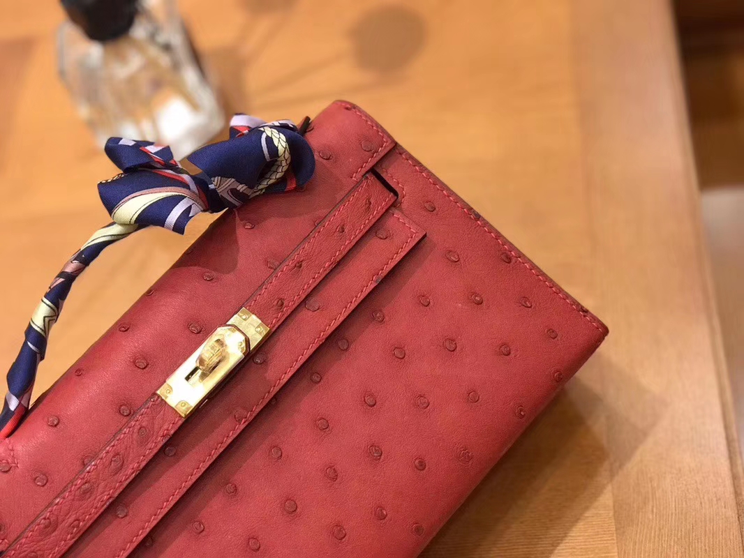 Hermès（爱马仕）Mini Kelly迷你凯莉 石榴红 南非kk级鸵鸟皮 臻品级别 1代 金扣 22cm