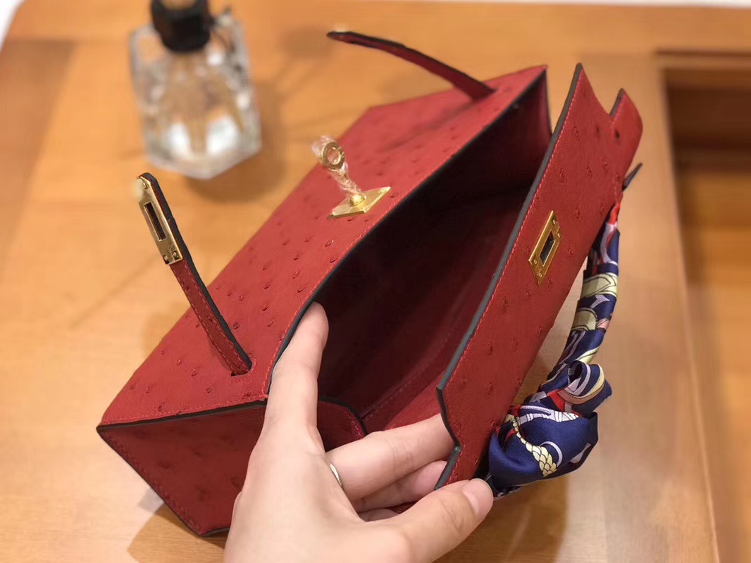 Hermès（爱马仕）Mini Kelly迷你凯莉 石榴红 南非kk级鸵鸟皮 臻品级别 1代 金扣 22cm