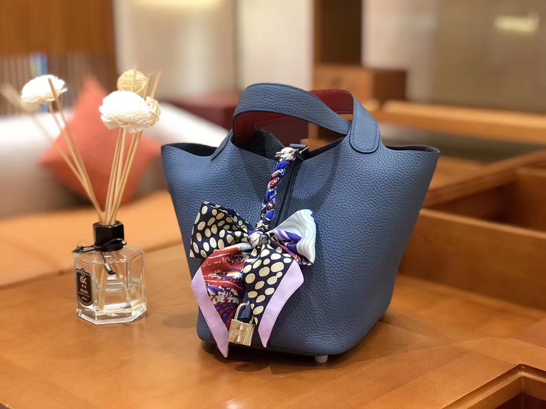 Hermès（爱马仕）Picotin 菜篮包 TC玛瑙蓝内拼swift红 银扣 18cm