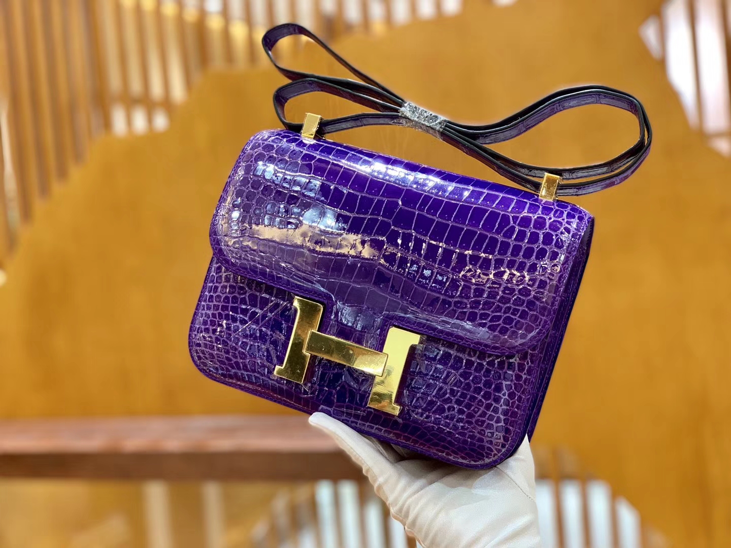 Hermès（爱马仕）Constance 空姐包 湾鳄 倒V 紫水晶 顶端级别 臻品级别 金扣 23cm