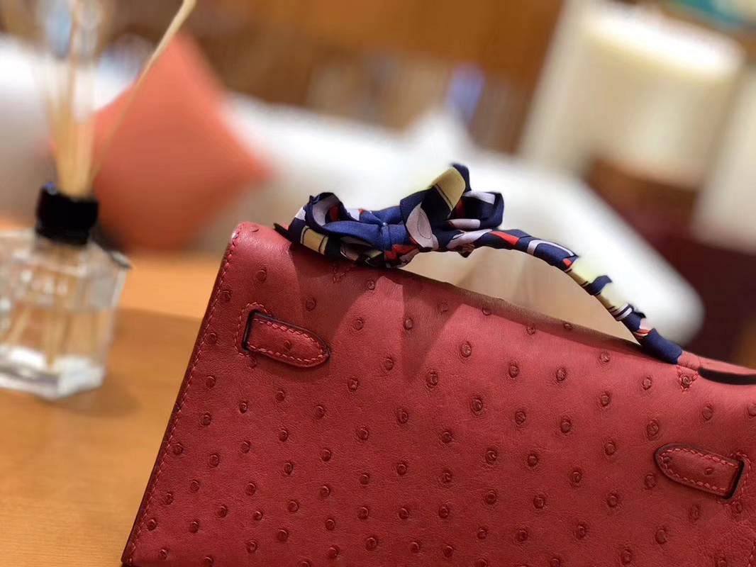 Hermès（爱马仕）Mini Kelly迷你凯莉 石榴红 南非kk级鸵鸟皮 臻品级别 1代 金扣 22cm