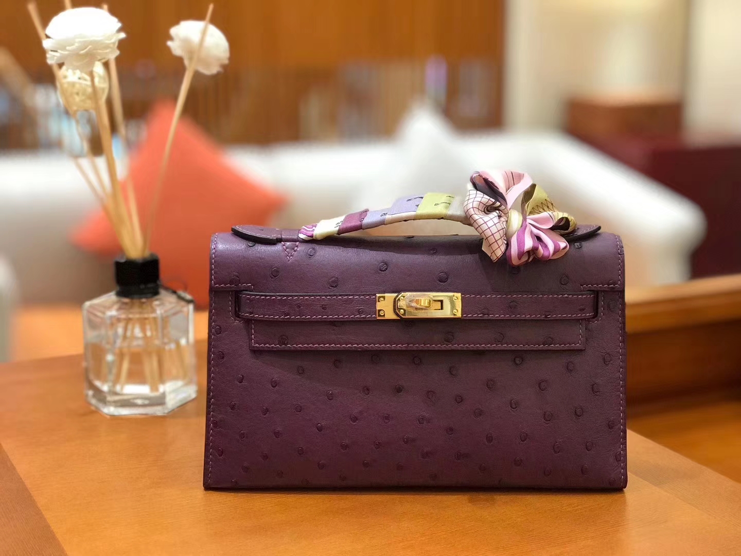 Hermès（爱马仕）miniKelly 迷你凯莉 海葵紫 南非kk级鸵鸟皮 金扣 22cm