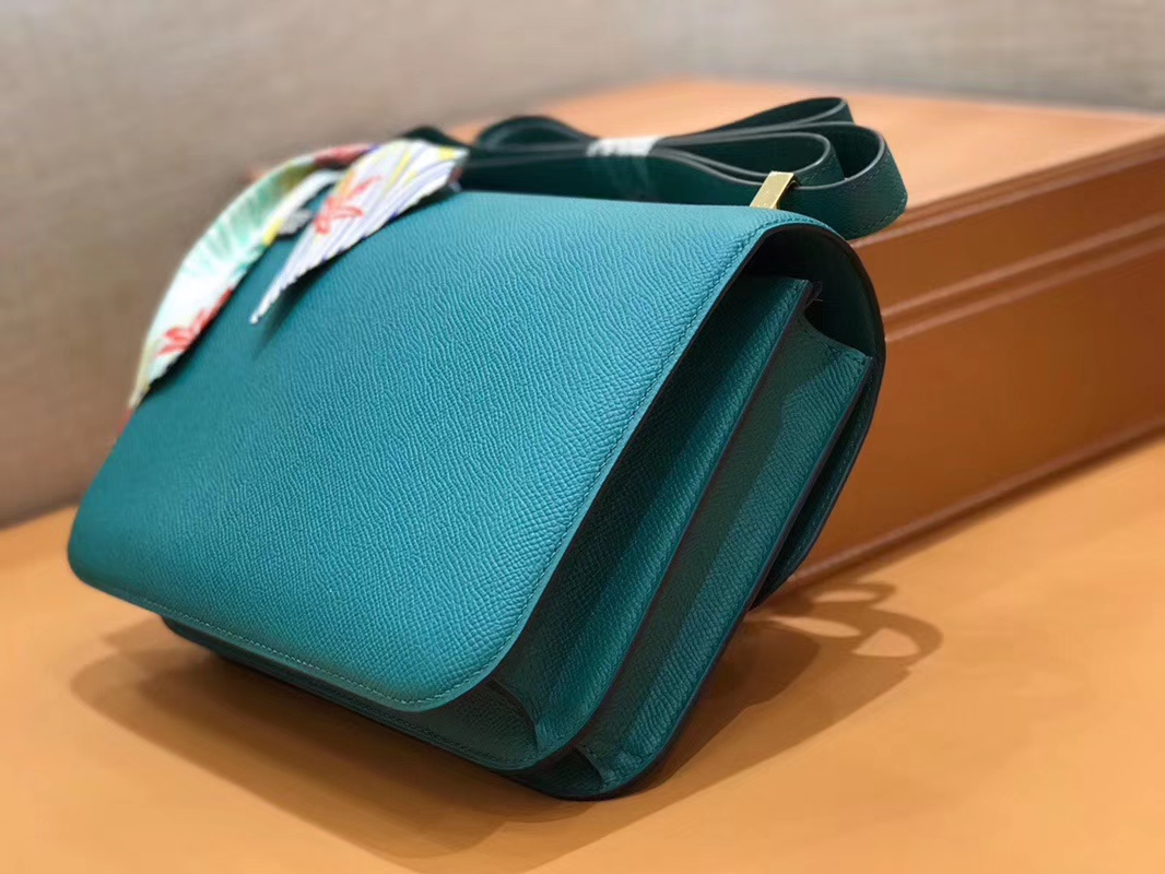 Hermès（爱马仕）Constance 空姐包 孔雀绿 Epsom掌纹小牛皮 臻品级别 金扣 23cm