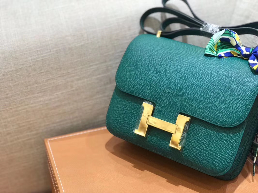 Hermès（爱马仕）Constance 空姐包 孔雀绿 Epsom掌纹小牛皮 臻品级别 金扣 18cm