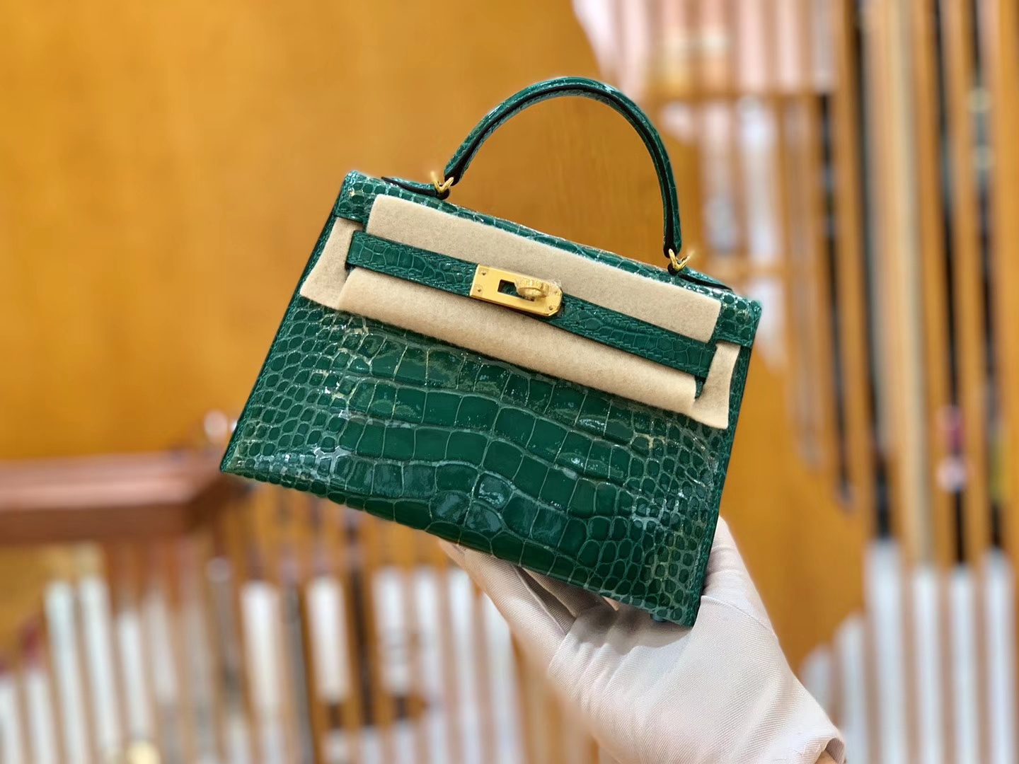Hermès（爱马仕）Mini Kelly 迷你凯莉 翡翠绿 一级美洲鳄鱼皮 臻品级别 金扣 19cm