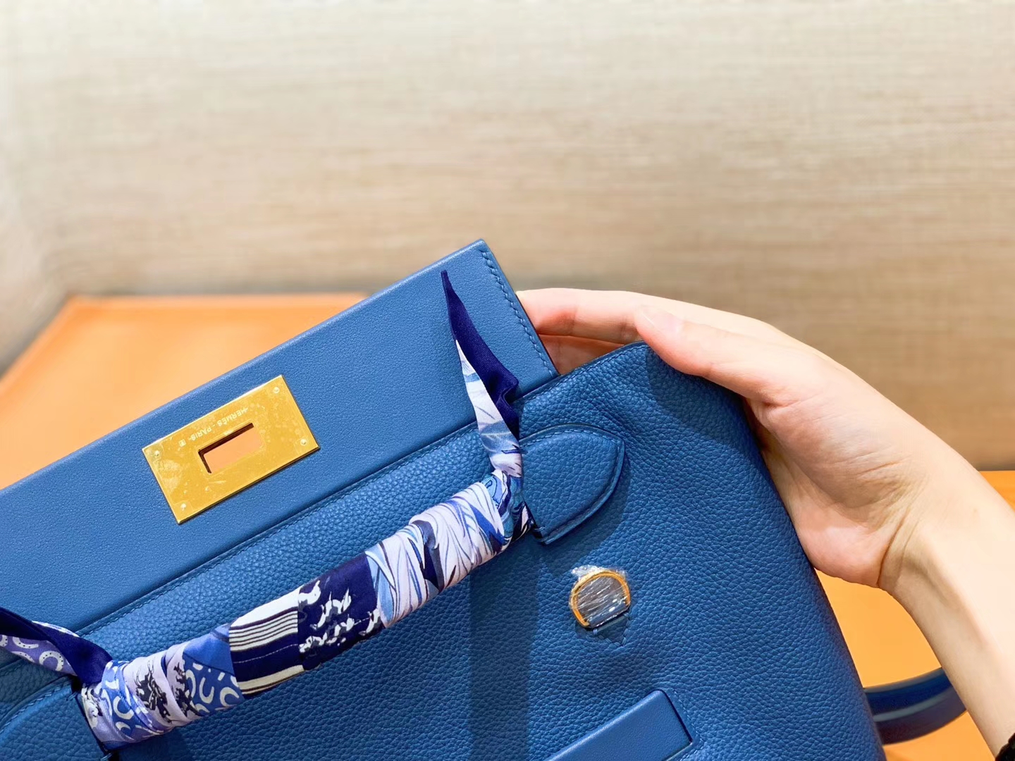 Hermès（爱马仕）Kelly-2424 明蓝色 Swift 牛皮拼togo牛皮 顶级手缝 金扣 29cm