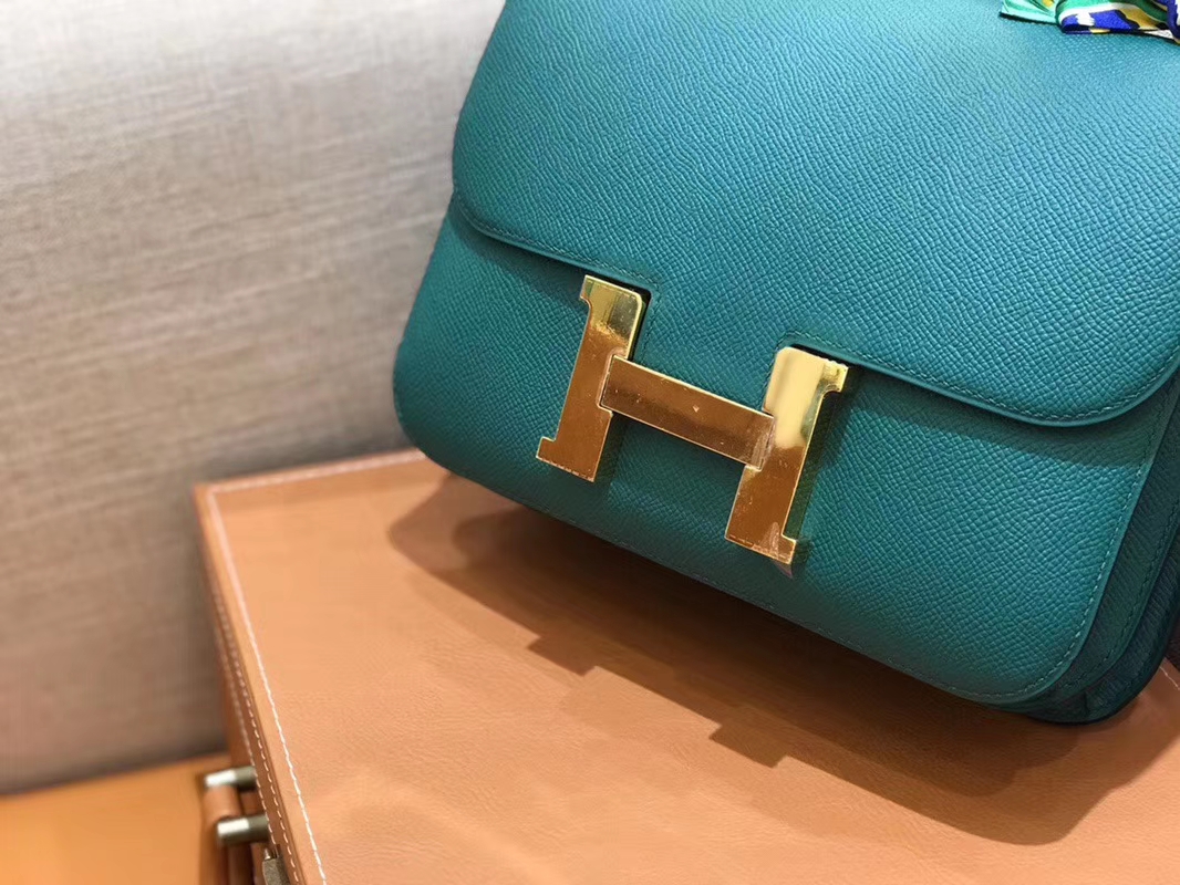 Hermès（爱马仕）Constance 空姐包 孔雀绿 Epsom掌纹小牛皮 臻品级别 金扣 23cm