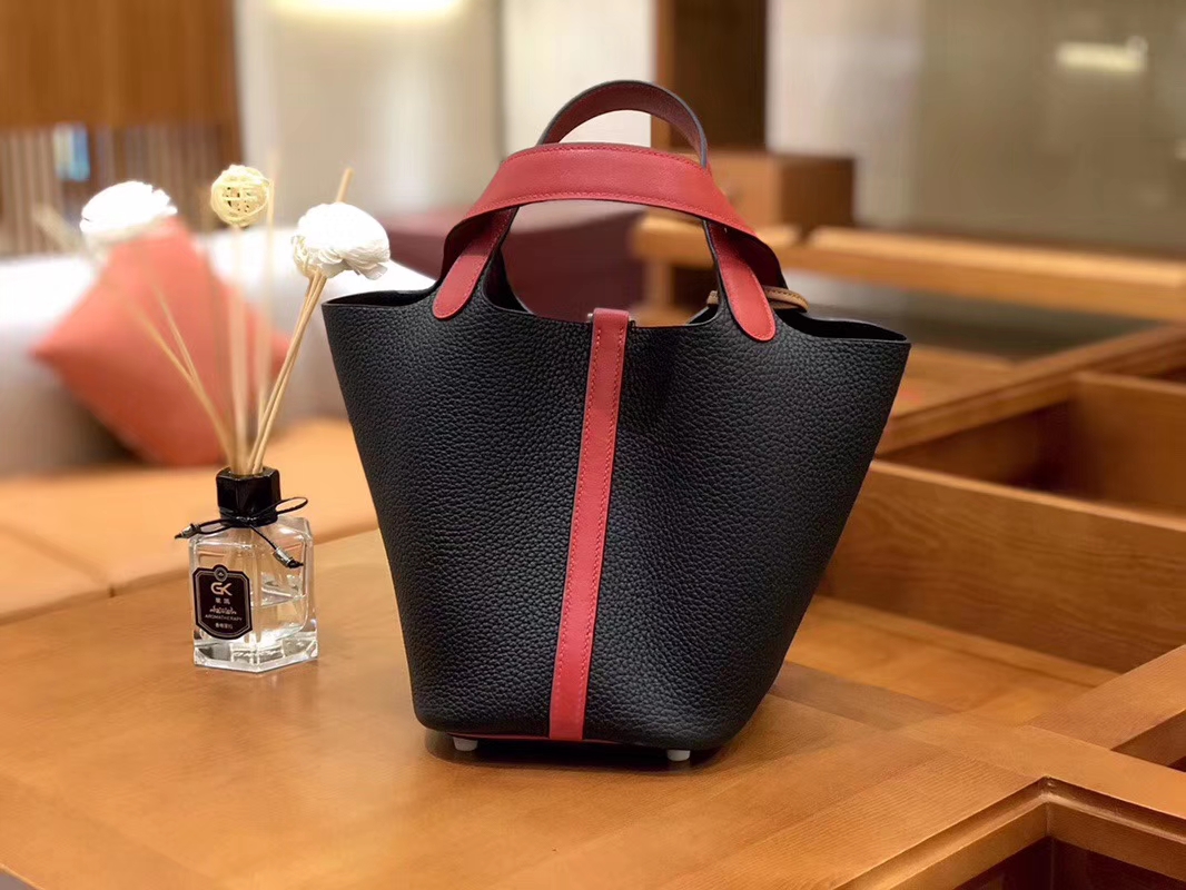 Hermès（爱马仕）Picotin 菜篮包 Swift红拼TC大牛黑 银扣 18cm