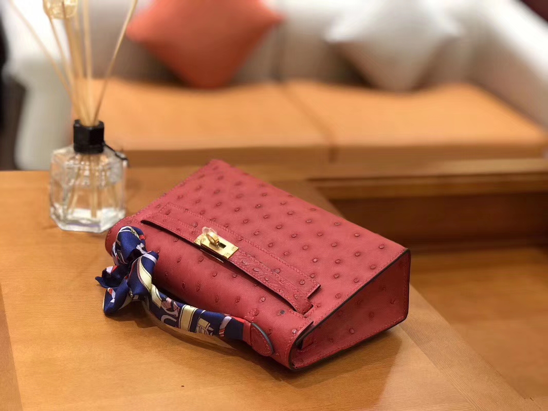 Hermès（爱马仕）Mini Kelly迷你凯莉 石榴红 南非kk级鸵鸟皮 臻品级别 1代 金扣 22cm