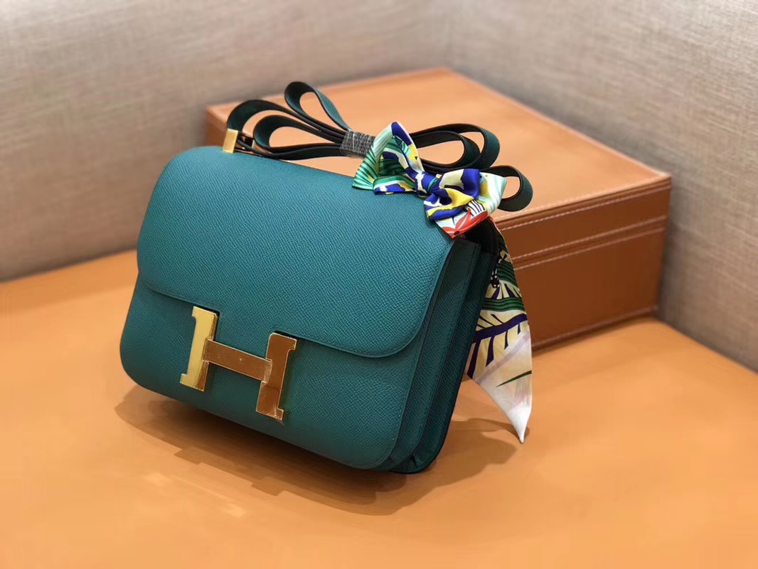 Hermès（爱马仕）Constance 空姐包 孔雀绿 Epsom掌纹小牛皮 臻品级别 金扣 23cm