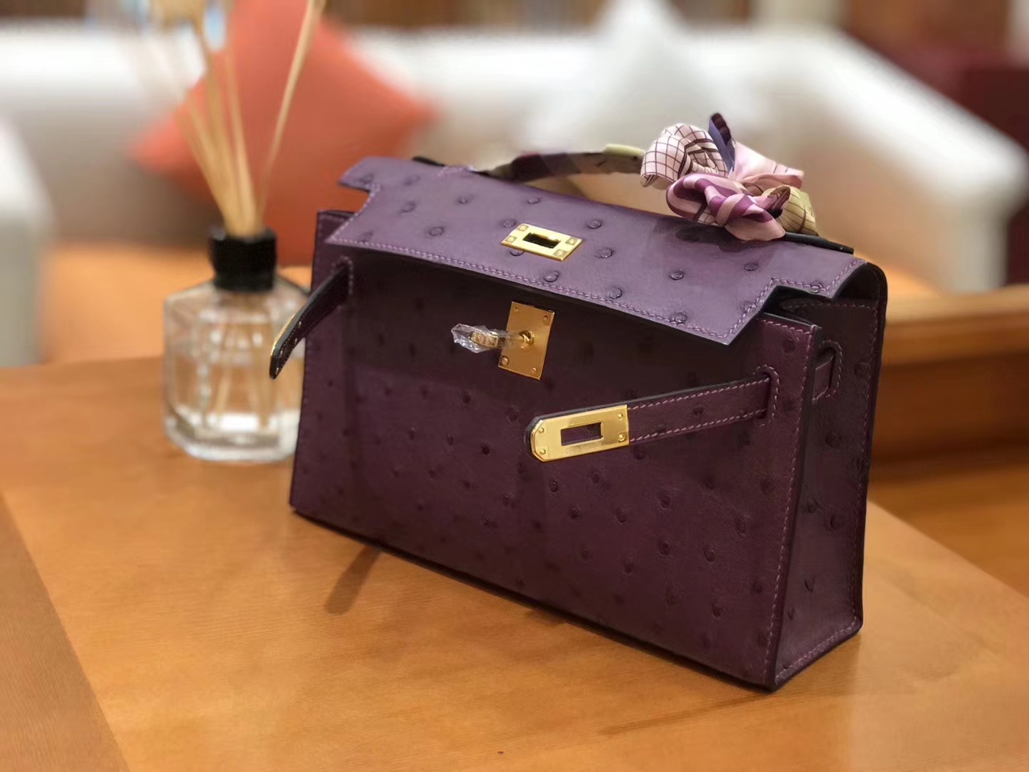 Hermès（爱马仕）miniKelly 迷你凯莉 海葵紫 南非kk级鸵鸟皮 金扣 22cm