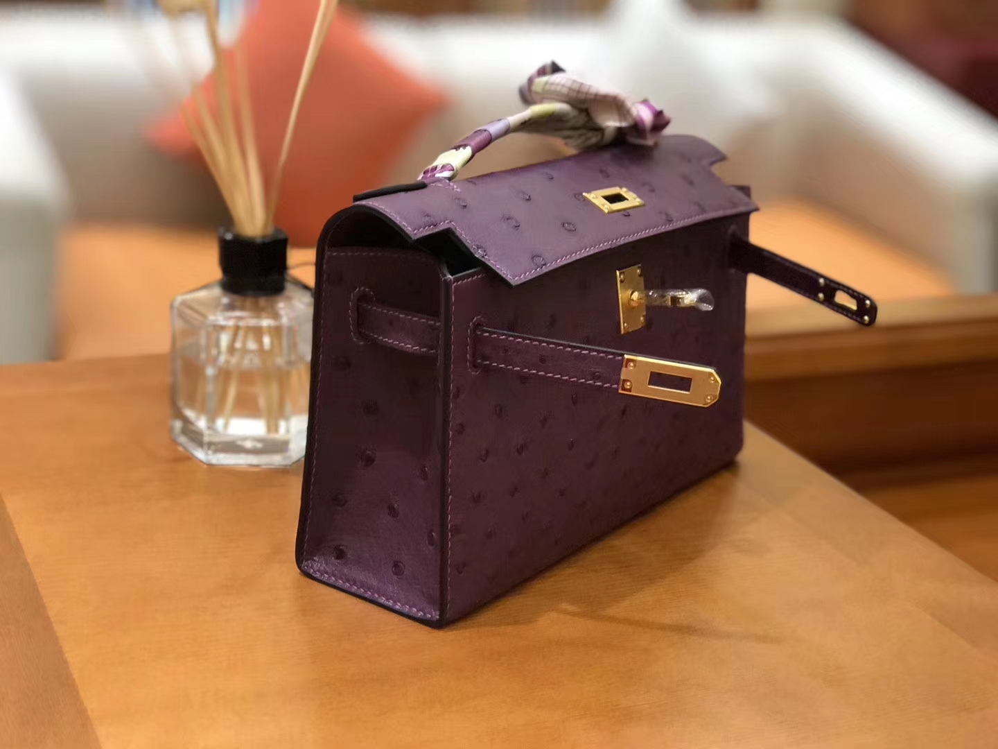 Hermès（爱马仕）miniKelly 迷你凯莉 海葵紫 南非kk级鸵鸟皮 金扣 22cm