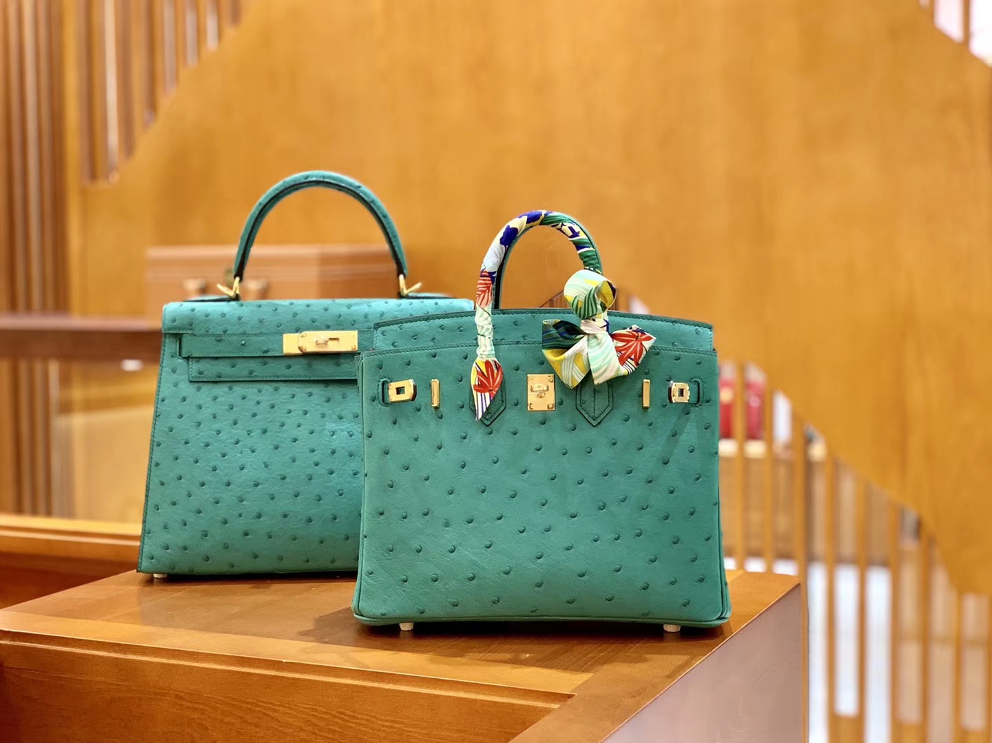 Hermès（爱马仕）Birkin 25cm 湖水绿 金扣 南非KK鸵鸟皮 全手工缝制