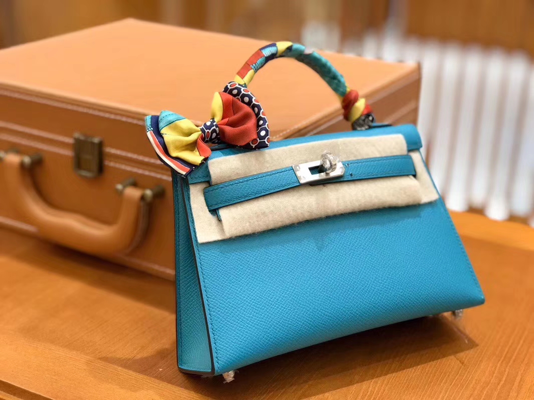 Hermès（爱马仕）Mini kelly 迷你凯莉 孔雀蓝 掌纹小牛皮 全手工缝制 臻品级别 银扣 19cm 现货