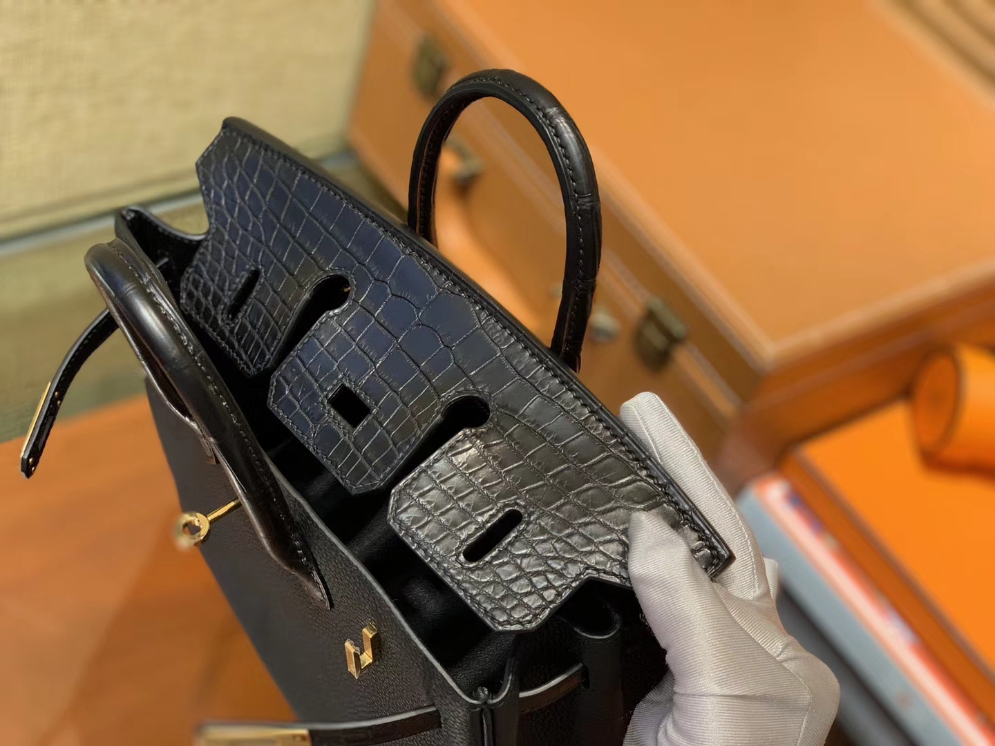 Hermès（爱马仕）Birkin 铂金包 经典黑 鳄鱼皮拼德国togo牛皮 全手工缝制 金扣 25cm