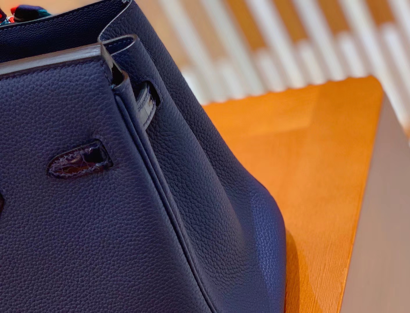 Hermès（爱马仕）Birkin 铂金包 午夜蓝 鳄鱼皮拼牛皮 金扣 25cm