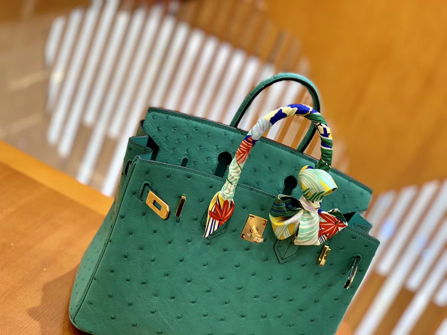 Hermès（爱马仕）Birkin 25cm 湖水绿 金扣 南非KK鸵鸟皮 全手工缝制