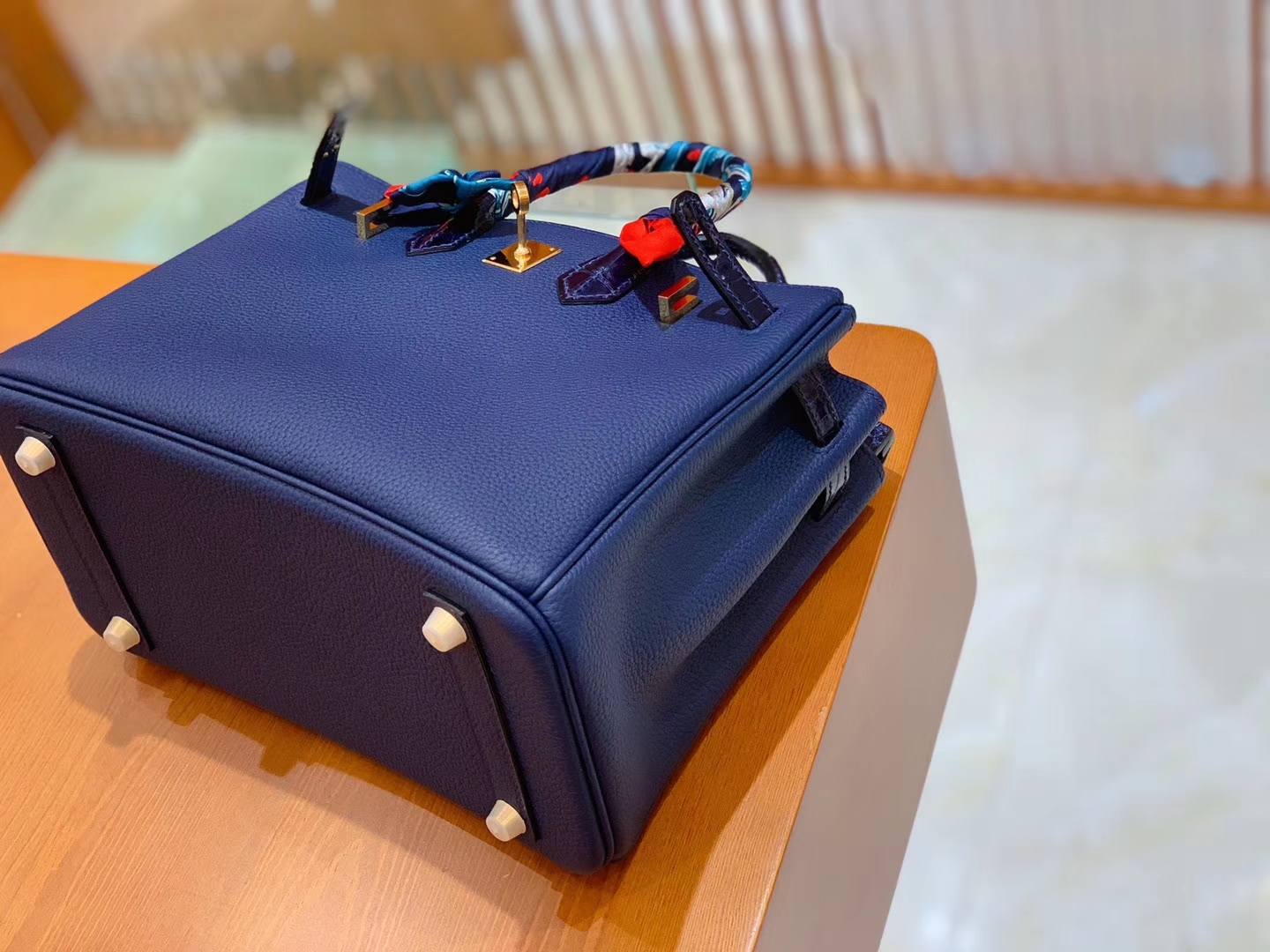Hermès（爱马仕）Birkin 铂金包 午夜蓝 鳄鱼皮拼牛皮 金扣 25cm