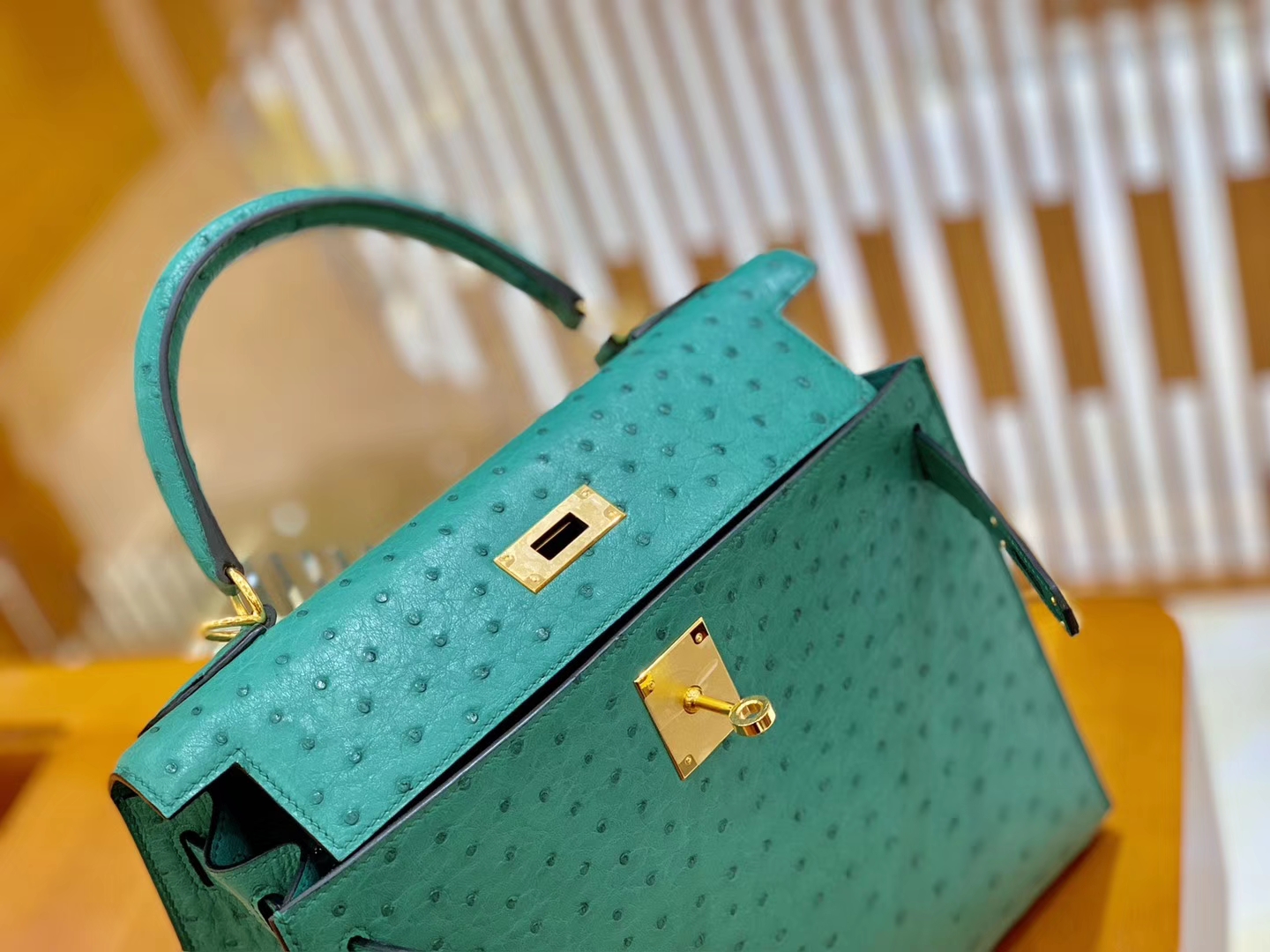 Hermès（爱马仕）Kelly 28cm 湖水绿 金扣 南非KK鸵鸟皮 全手工缝制