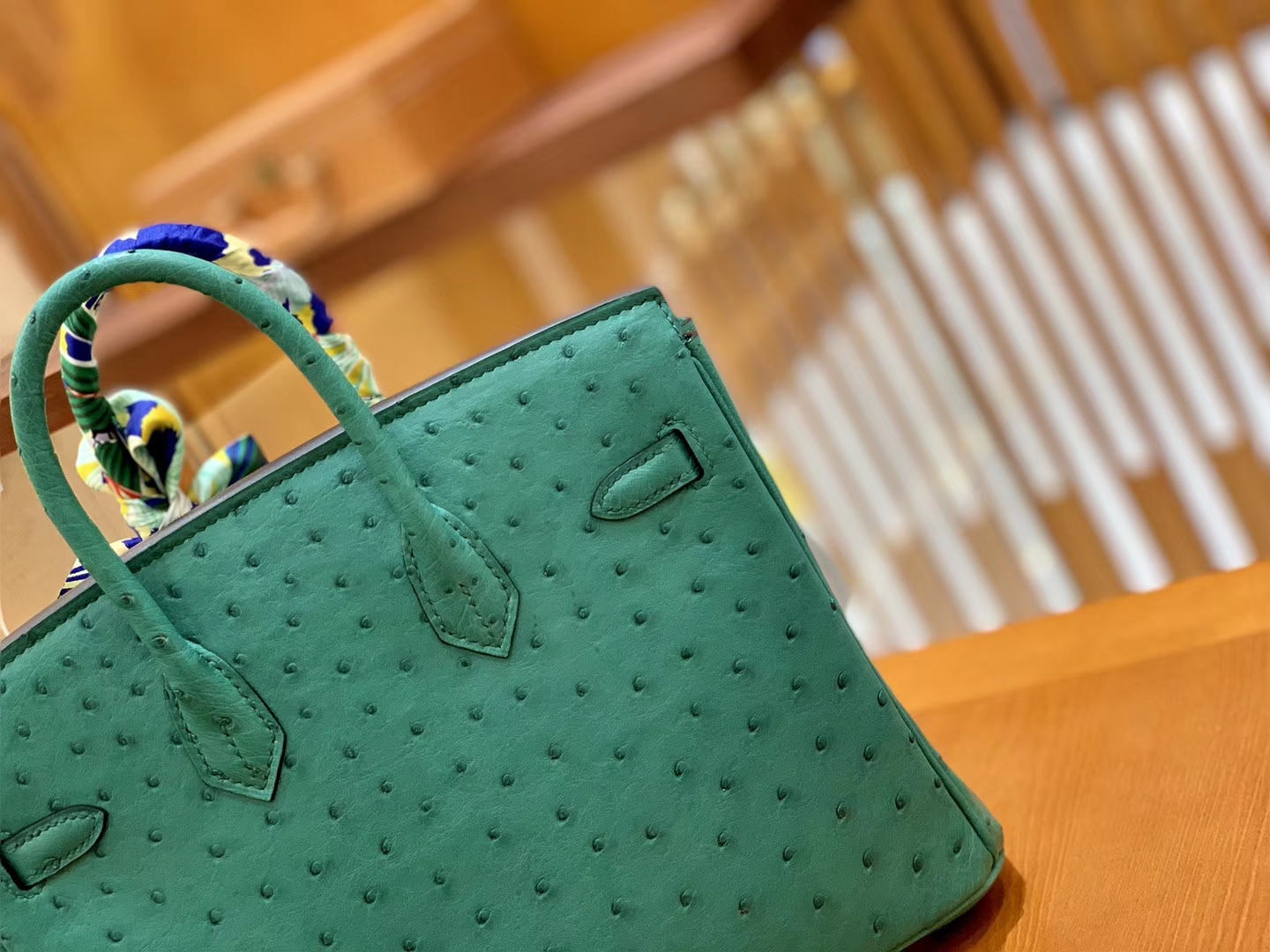 Hermès（爱马仕）Birkin 25cm 湖水绿 金扣 南非KK鸵鸟皮 全手工缝制