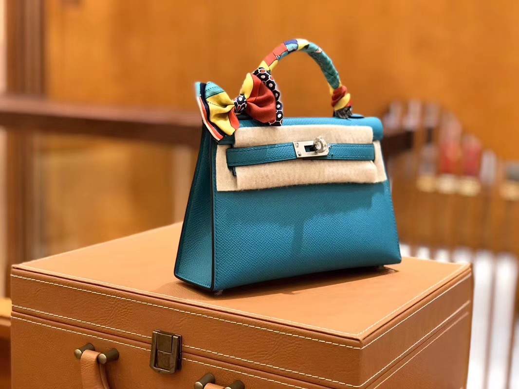 Hermès（爱马仕）Mini kelly 迷你凯莉 孔雀蓝 掌纹小牛皮 全手工缝制 臻品级别 银扣 19cm 现货