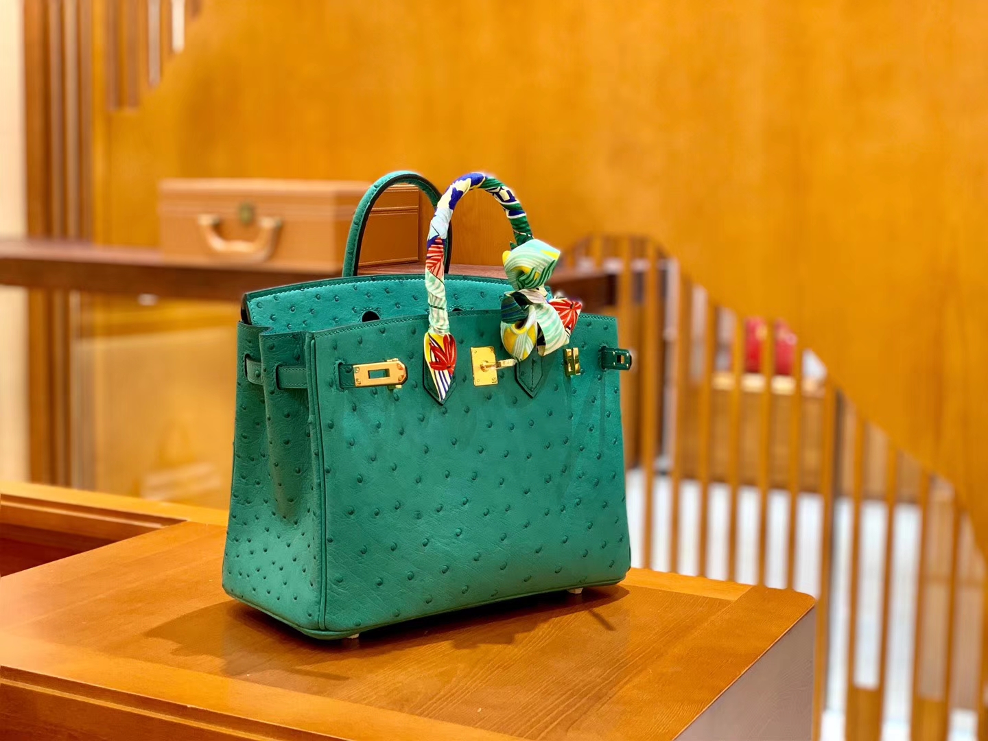 Hermès（爱马仕）Birkin 25cm 湖水绿 金扣 南非KK鸵鸟皮 全手工缝制