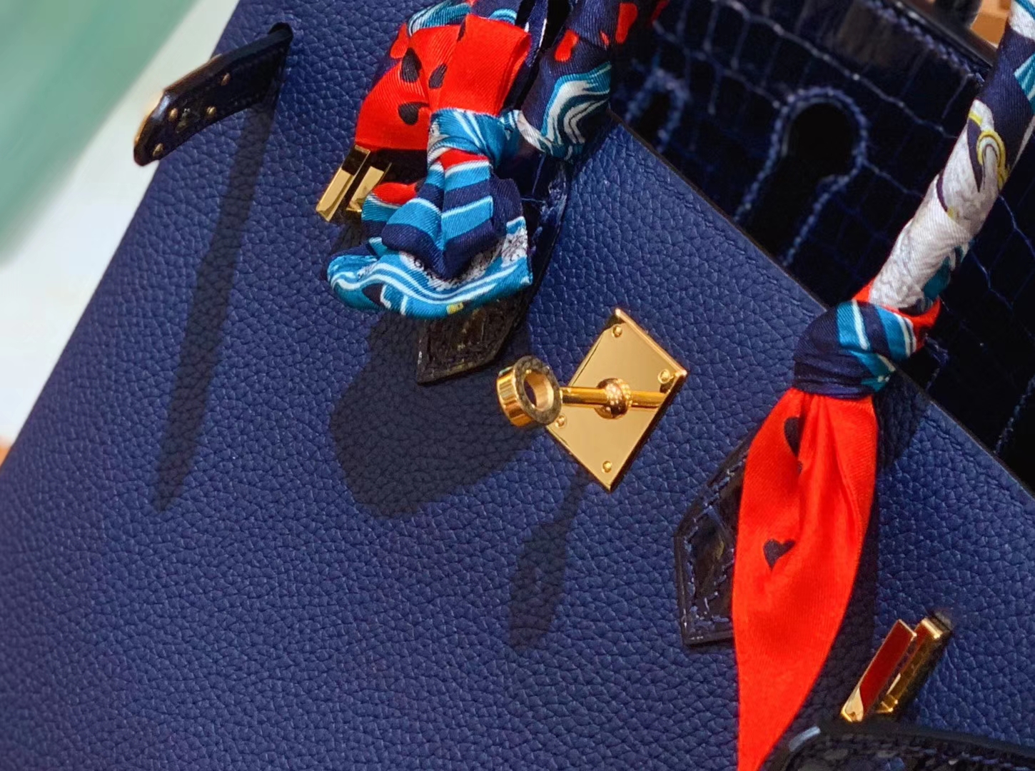 Hermès（爱马仕）Birkin 铂金包 午夜蓝 鳄鱼皮拼牛皮 金扣 25cm