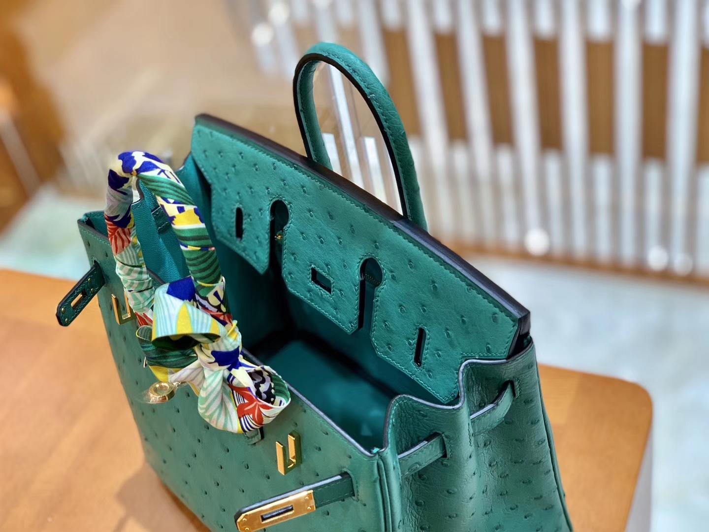 Hermès（爱马仕）Birkin 25cm 湖水绿 金扣 南非KK鸵鸟皮 全手工缝制