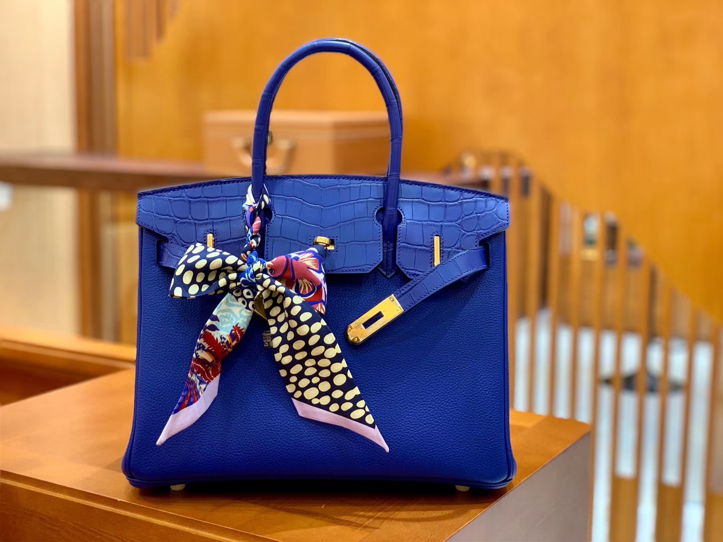 Hermès（爱马仕）Birkin 铂金包 琉璃蓝 鳄鱼皮拼德国togo牛皮 全手工缝制 金扣 30cm