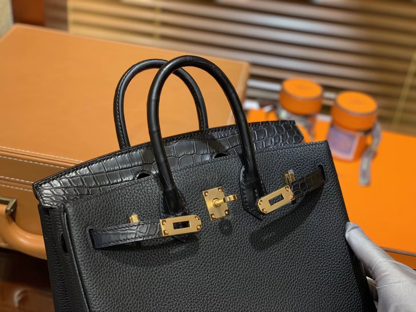 Hermès（爱马仕）Birkin 铂金包 经典黑 鳄鱼皮拼德国togo牛皮 全手工缝制 金扣 25cm