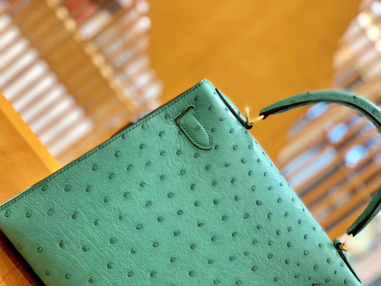 Hermès（爱马仕）Kelly 28cm 湖水绿 金扣 南非KK鸵鸟皮 全手工缝制
