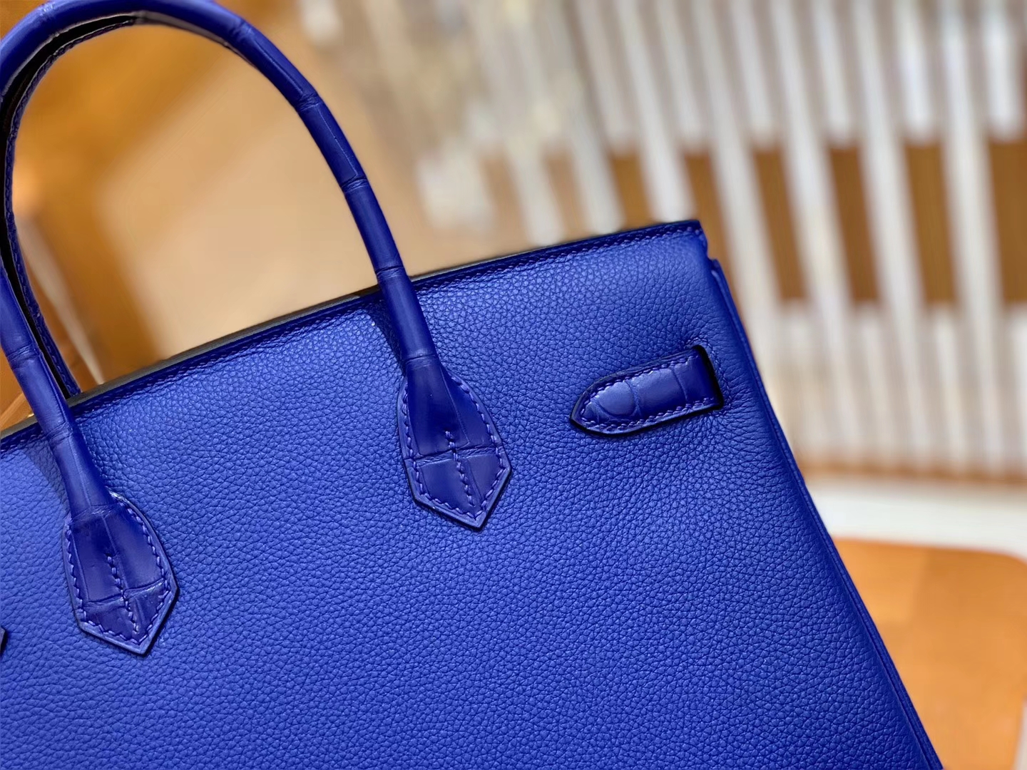 Hermès（爱马仕）Birkin 铂金包 琉璃蓝 鳄鱼皮拼德国togo牛皮 全手工缝制 金扣 30cm
