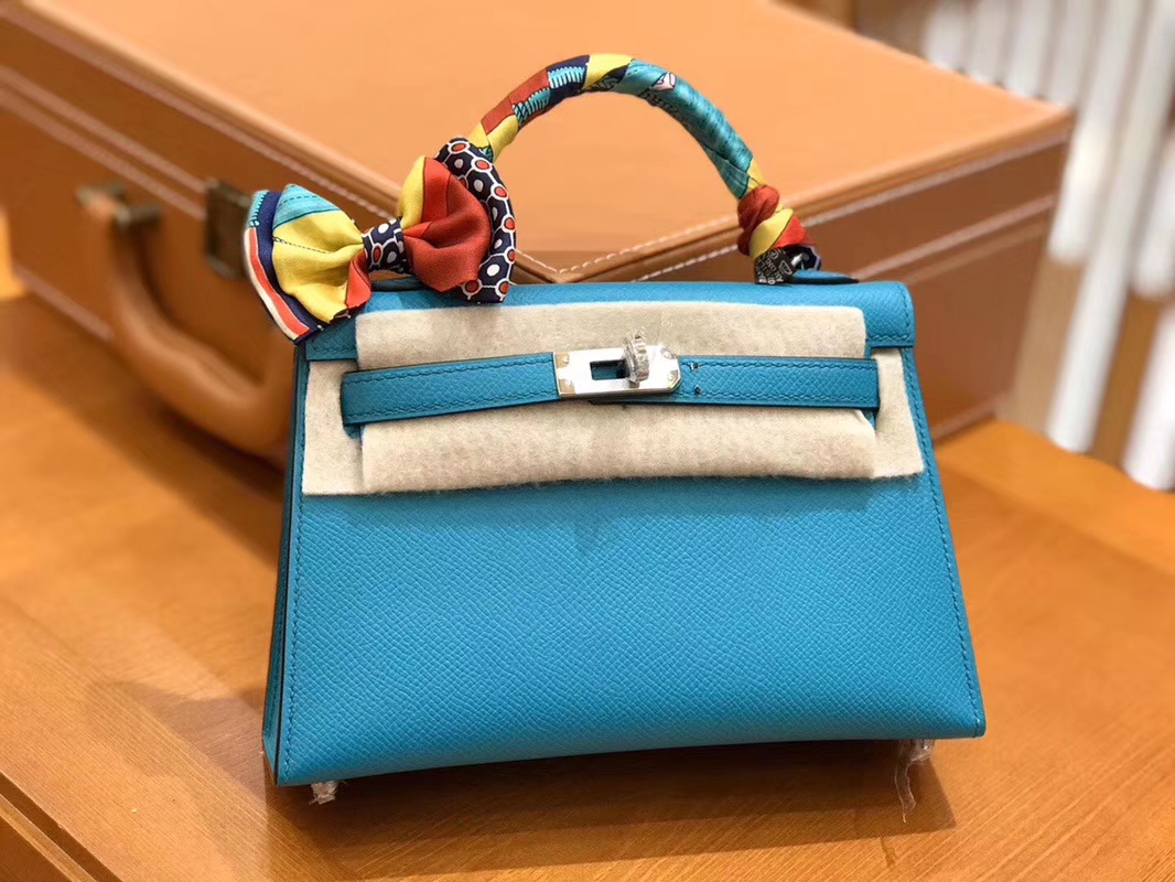 Hermès（爱马仕）Mini kelly 迷你凯莉 孔雀蓝 掌纹小牛皮 全手工缝制 臻品级别 银扣 19cm 现货