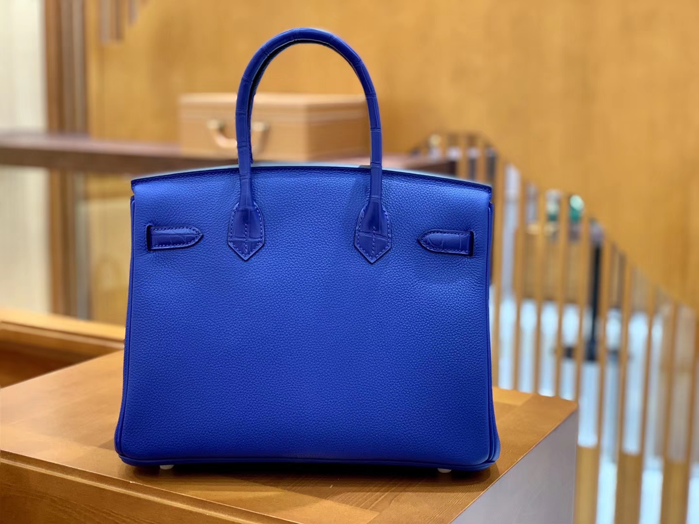 Hermès（爱马仕）Birkin 铂金包 琉璃蓝 鳄鱼皮拼德国togo牛皮 全手工缝制 金扣 30cm