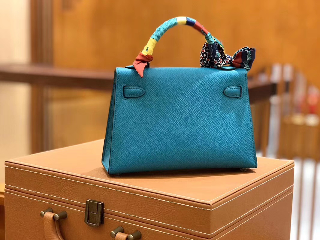 Hermès（爱马仕）Mini kelly 迷你凯莉 孔雀蓝 掌纹小牛皮 全手工缝制 臻品级别 银扣 19cm 现货