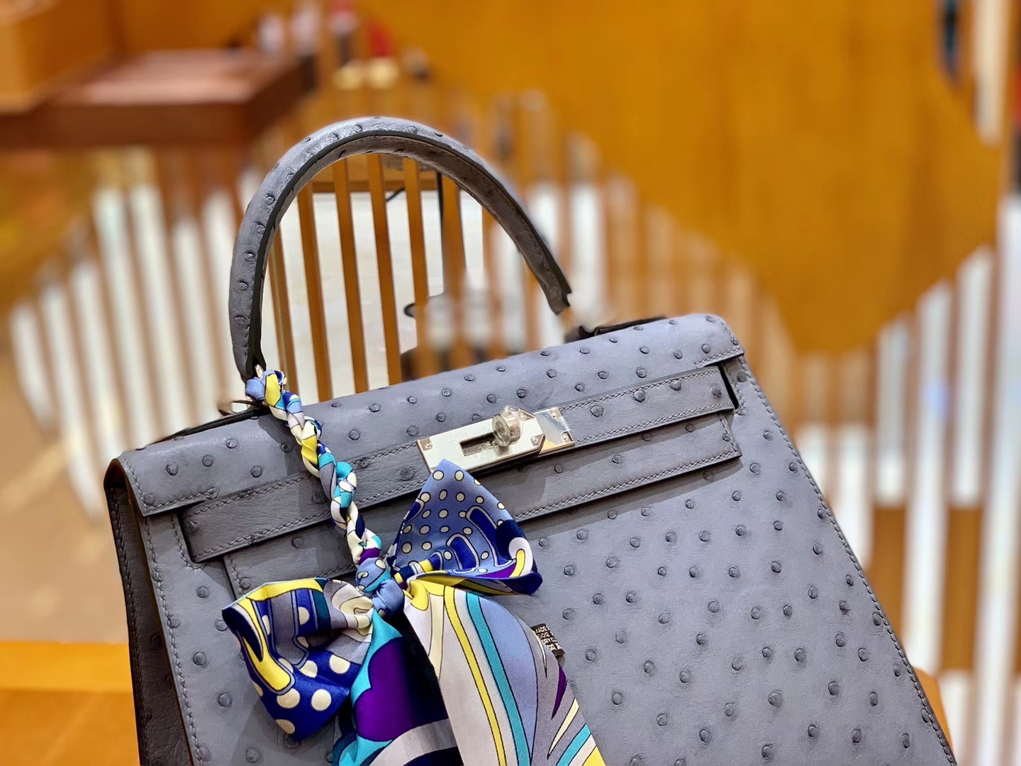 Hermès（爱马仕）Kelly 28cm 雾霾蓝 银扣 南非进口 鸵鸟皮 全手工缝制