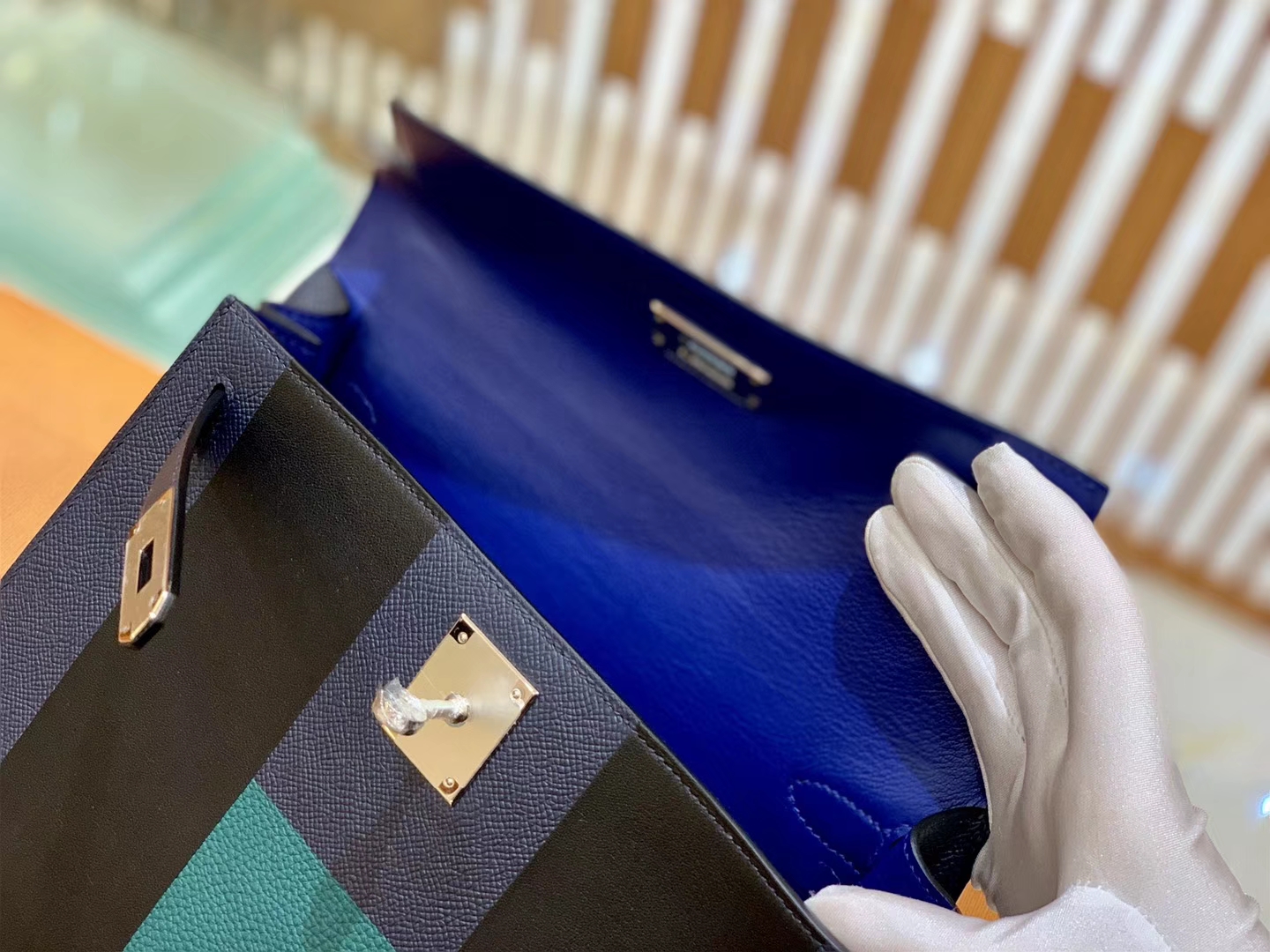 Hermès（爱马仕）Kelly 字母包 午夜蓝 掌纹牛皮拼togo拼山羊 臻品级别 28cm