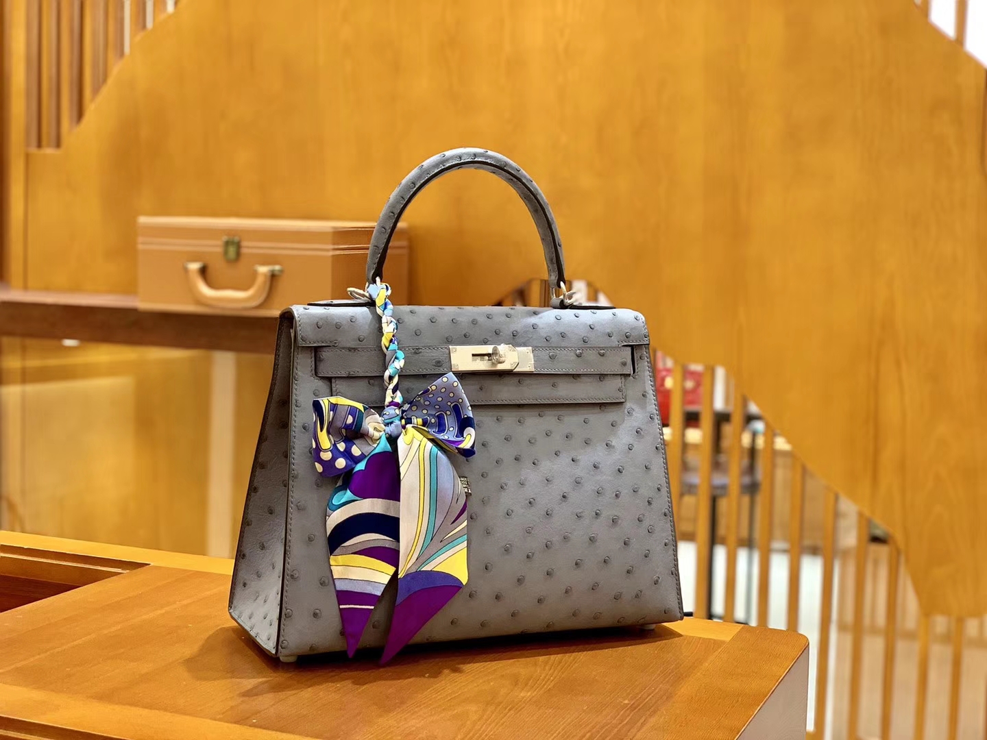 Hermès（爱马仕）Kelly 28cm 雾霾蓝 银扣 南非进口 鸵鸟皮 全手工缝制