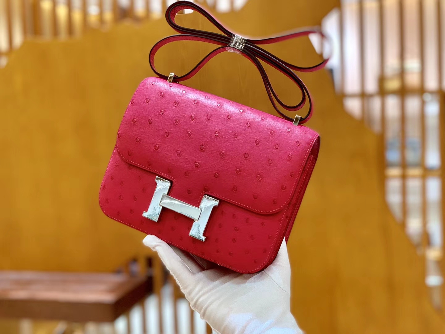 Hermès（爱马仕）Constance 18cm 糖果粉 玫红色 银扣 南非进口KK鸵鸟 全手工缝制