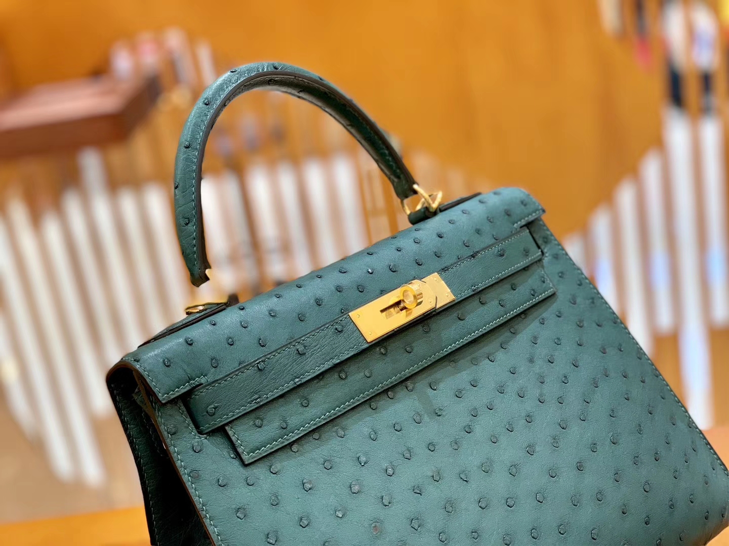 Hermès（爱马仕）Kelly 28cm 孔雀绿 金扣 南非进口 鸵鸟皮 全手工缝制