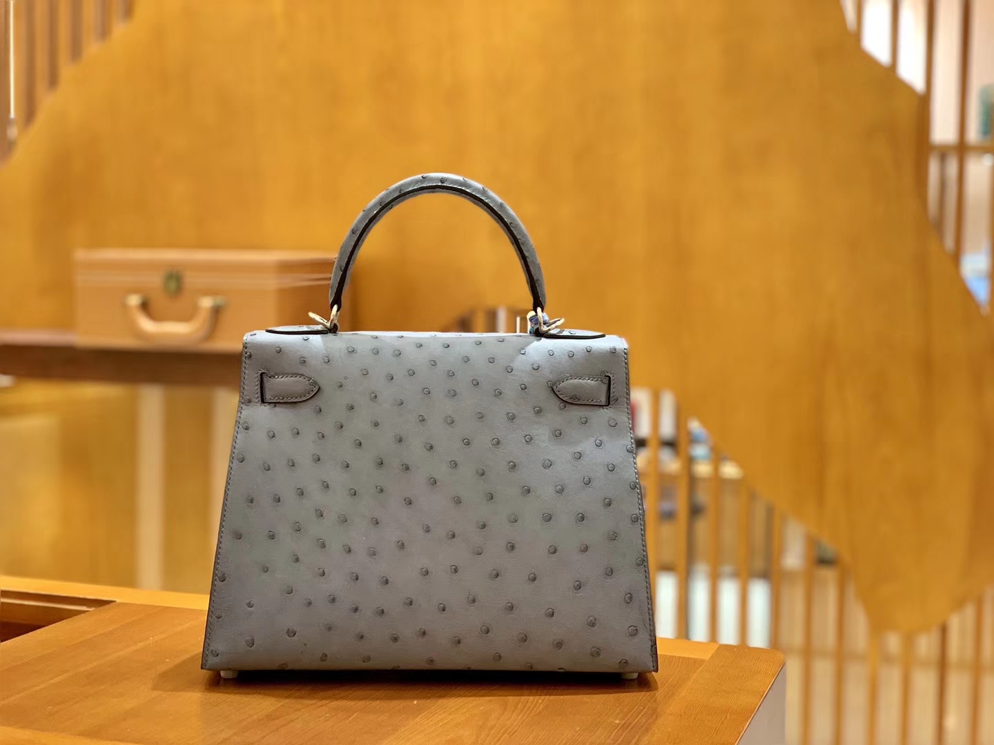 Hermès（爱马仕）Kelly 28cm 雾霾蓝 银扣 南非进口 鸵鸟皮 全手工缝制
