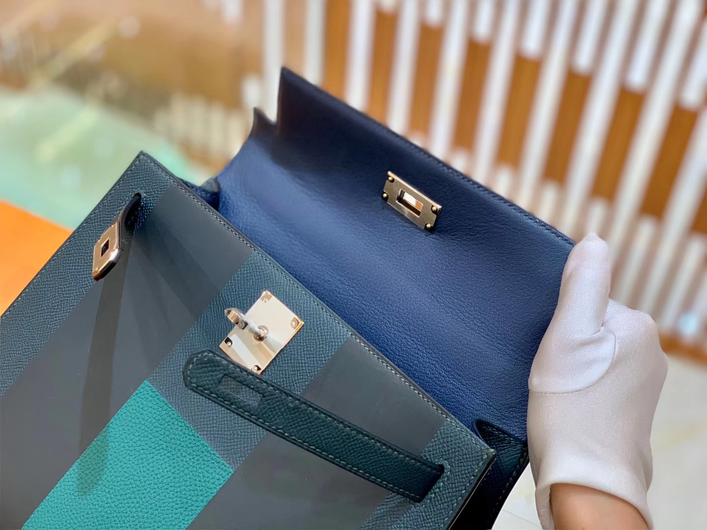 Hermès（爱马仕）Kelly 字母包 午夜蓝 掌纹牛皮拼togo拼山羊 臻品级别 28cm