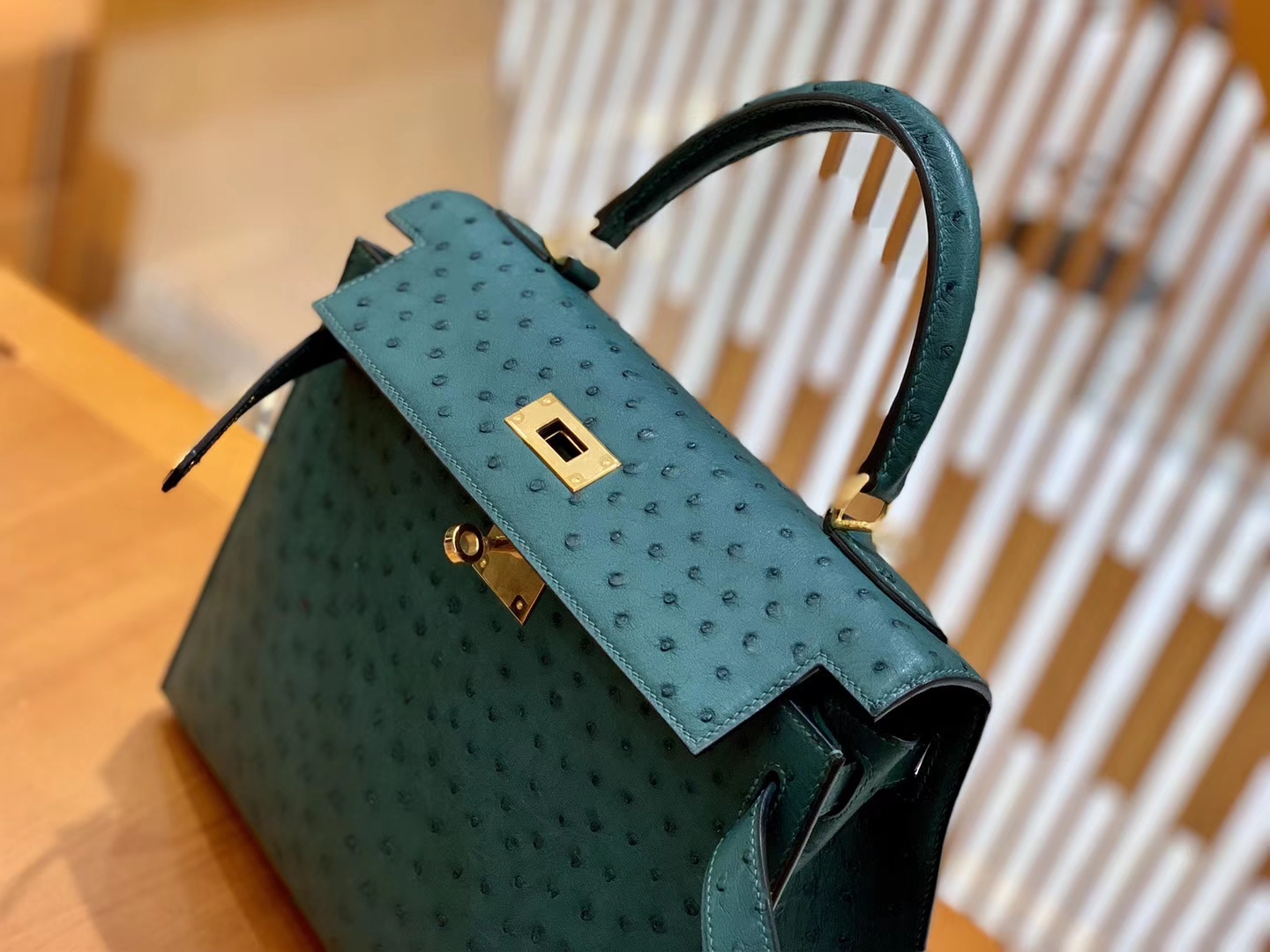 Hermès（爱马仕）Kelly 28cm 孔雀绿 金扣 南非进口 鸵鸟皮 全手工缝制