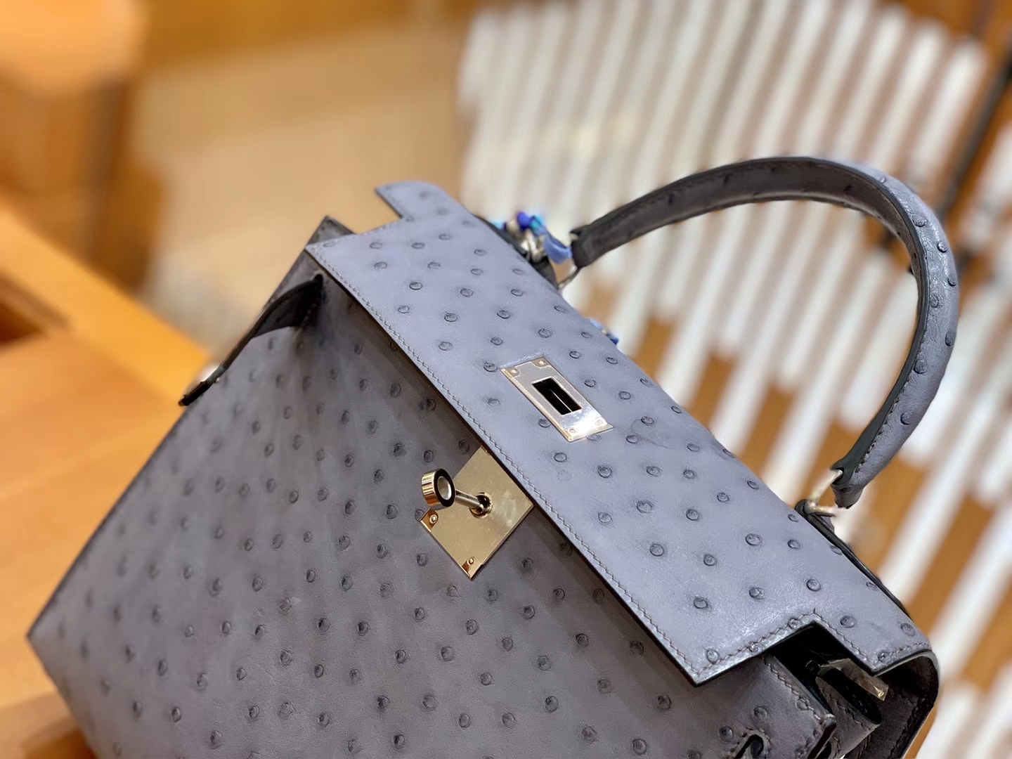 Hermès（爱马仕）Kelly 28cm 雾霾蓝 银扣 南非进口 鸵鸟皮 全手工缝制