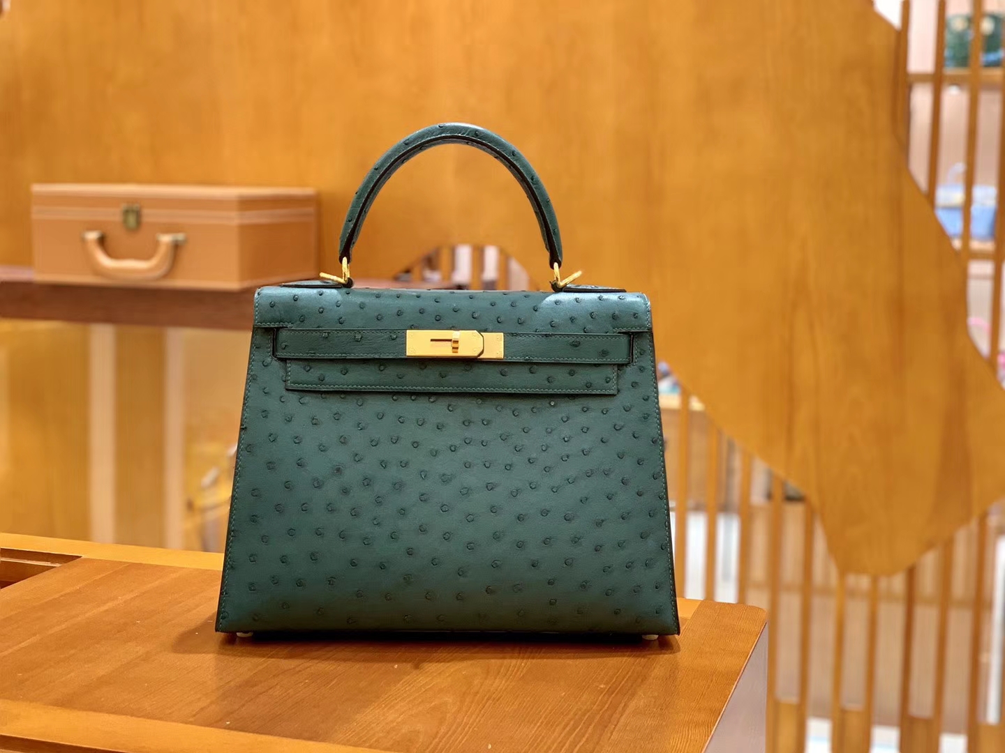 Hermès（爱马仕）Kelly 28cm 孔雀绿 金扣 南非进口 鸵鸟皮 全手工缝制