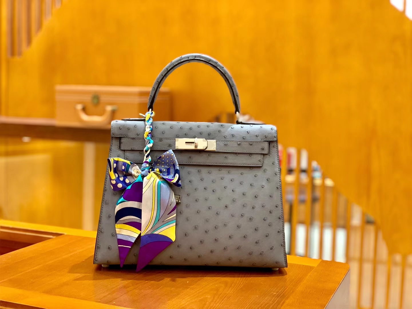 Hermès（爱马仕）Kelly 28cm 雾霾蓝 银扣 南非进口 鸵鸟皮 全手工缝制