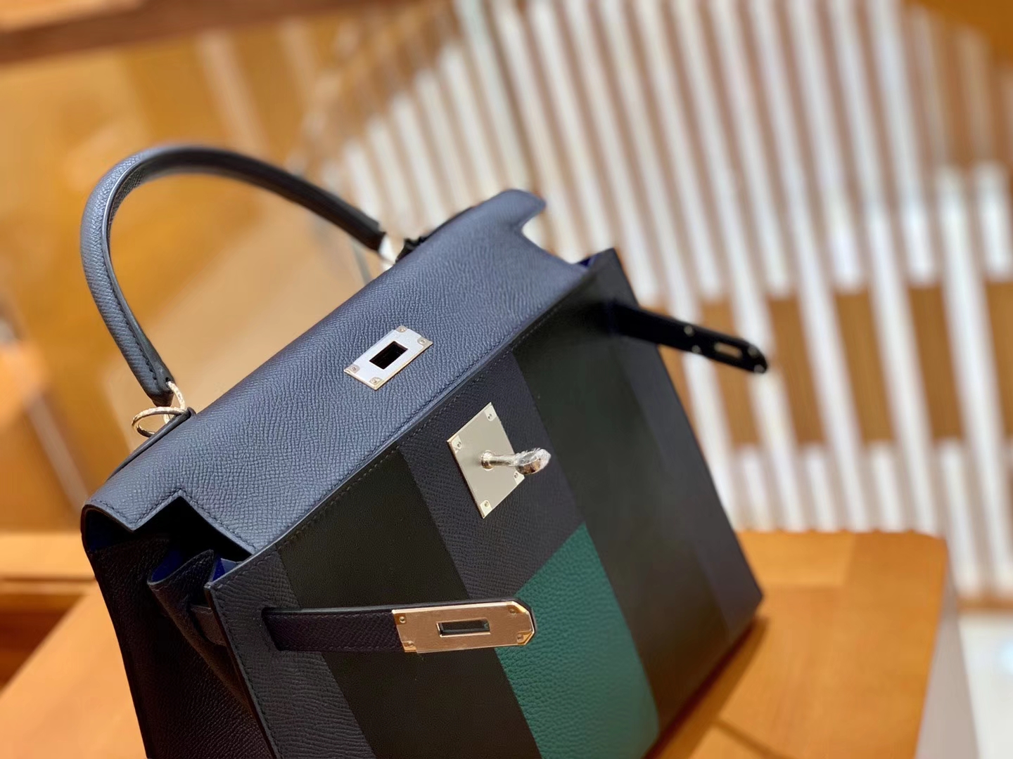 Hermès（爱马仕）Kelly 字母包 午夜蓝 掌纹牛皮拼togo拼山羊 臻品级别 28cm